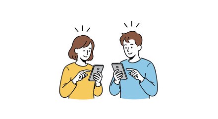 Smiling man and woman using smartphones together, sharing digital connection and modern communication