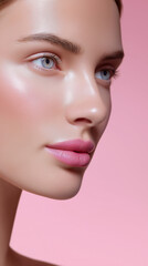 Fototapeta premium Close-up of young woman with glossy lips and glowing skin on pink background. 