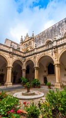 Ancient courtyard with arches, stone walls, and plants
