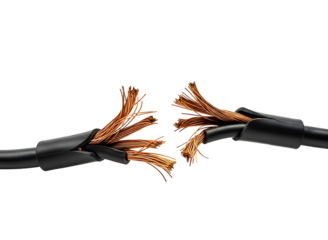 Broken electrical wire with exposed copper strands isolated on transparent background