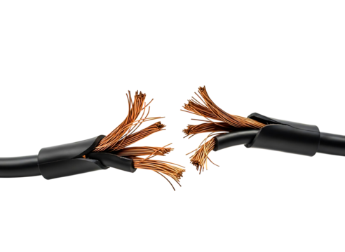 Broken electrical wire with exposed copper strands isolated on transparent background