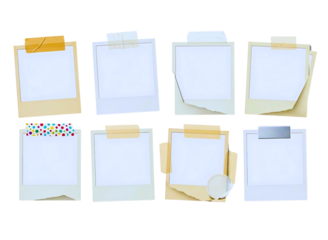 empty instant photo frames hanging on a clothesline with clothespins isolated on transparent background