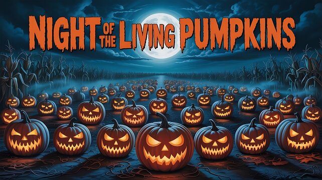 NIGHT OF THE LIVING PUMPKINS, Horror-inspired movie poster look, field of jack-o’-lanterns glowing under full moon, halloween banner, Created with generative ai