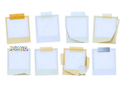 empty instant photo frames hanging on a clothesline with clothespins isolated on transparent background