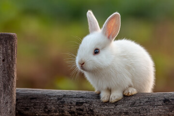 Obraz premium Close-up of a fluffy white bunny sitting on a weathered wooden fence