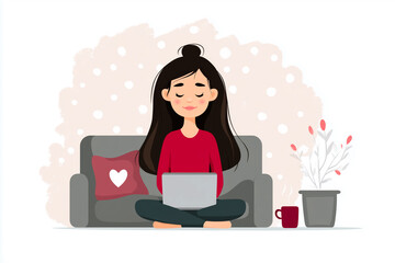 Freelance girl working from home on a cozy sofa