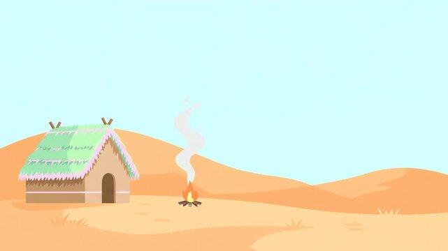 A tranquil vector illustration of a desert camp with a traditional hut and campfire, celebrating the heritage of Indigenous Peoples&rsquo; Day