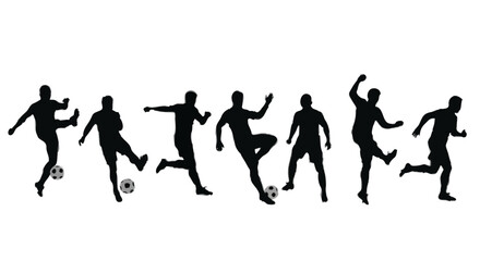Silhouette of soccer players group kicking running dribbling football action poses vector illustration sports concept design،sccer players, ball 