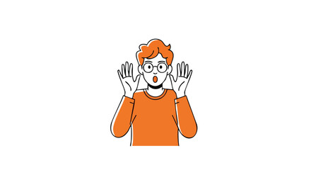 Astonished young man with round glasses and orange shirt throws hands up in surprise