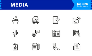 Media and Communication Icons – Modern Professional Line Icon Set Featuring Minimal Vector Design for Digital and Broadcast Industries