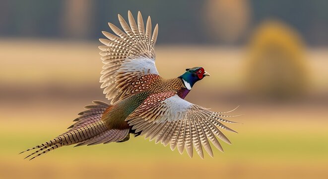 Colorful Male Ringneck Pheasant in Flight Over Open Field