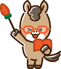 指し棒と本を持ってウインクする馬