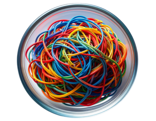 Colorful Rubber Bands Tangled in Clear Glass Bowl, Playful Abstract Top View, Isolated on Transparent Background