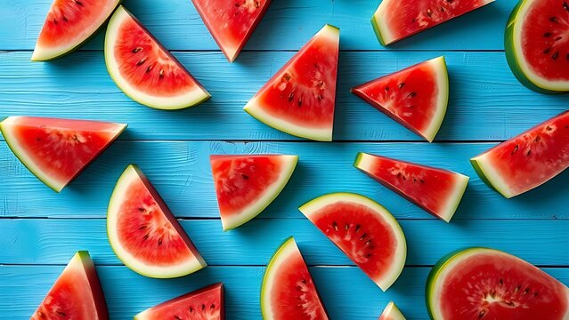 Fresh watermelon slices arranged on a rustic blue wooden surface.