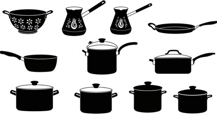 Kitchen Utensil Icon Set – Cooking Pots, Pans, Kettle, and Colander Silhouette Vectors