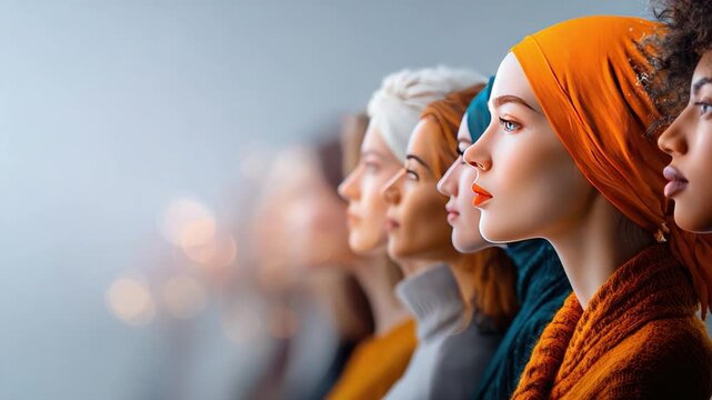 Elegance in Harmony: A diverse group of women stands united, their profiles captured in a seamless display of elegance, confidence, and beauty.