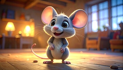 A cheerful, cartoon mouse with big eyes and ears stands on a wooden floor, smiling in a warm-lit room