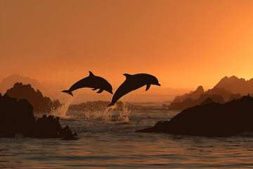 Two dolphins leaping from the sea in a golden sunset, island silhouette