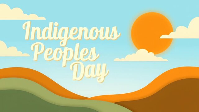 Vibrant vector illustration celebrating Indigenous Peoples&rsquo; Day with a stylized landscape of rolling hills, sun, and clouds