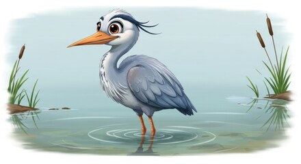 A delightful cartoon illustration of a cute grey heron standing patiently in the calm, shallow water of a pond