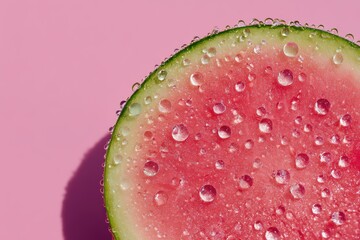 Juicy watermelon slice glistening with droplets of water against a bright pink backdrop capturing refreshing summer vibes and inviting culinary exploration captured with clarity