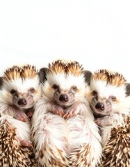Three baby hedgehogs nestled together, soft fur, white background