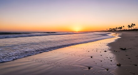 Golden Sunset Glow Over a Serene Ocean Beach with Palm Trees.