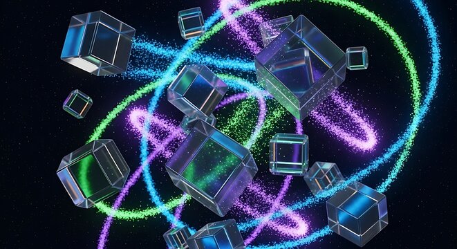 Abstract geometric composition with transparent cubes and colorful light trails against a dark starry background