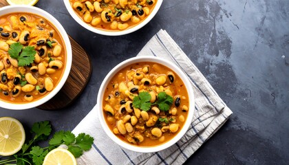 Three bowls of stew with black-eyed peas, garnished with cilantro and lemons on a textured surface