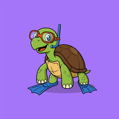 A cheerful green turtle wearing red goggles, a blue snorkel, and blue swim fins stands upright on a purple background.