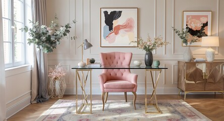 Stylish Home Office Interior Design with Pink Chair and Gold Accents