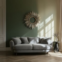 Stylish living room interior with grey sofa and sunlit wall decor