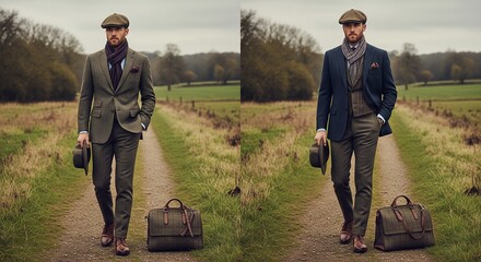 Stylish Man in Tweed Suit Walking Countryside, Carrying Suitcase and Hat