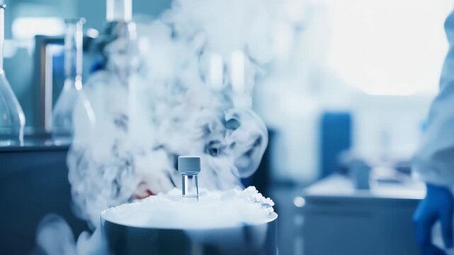 Scientist hand in glove holding test tube in cryogenic freezing lab