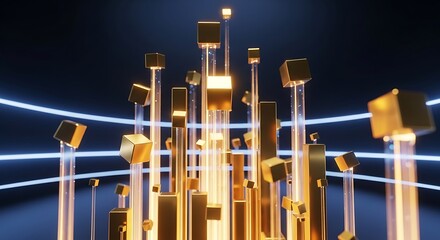 Abstract golden cubes floating pillars with blue neon lines against a dark background create a modern scene