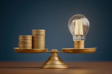 Balanced representation of financial resources and innovation symbolized by golden coins on a scale juxtaposed with a vintage light bulb embodying economics creativity and tangible investment