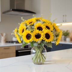 Sunflowers and Gypsophila Bouquet in Glass Vase on Kitchen Countertop, Summer Floral Arrangement, Bright Yellow Flowers, Home Decor, Interior Design Photography