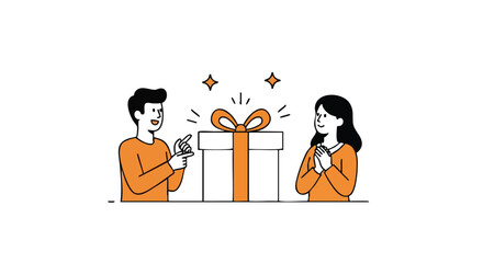 Excited couple receives a surprise gift, celebrating joy and connection with gratitude