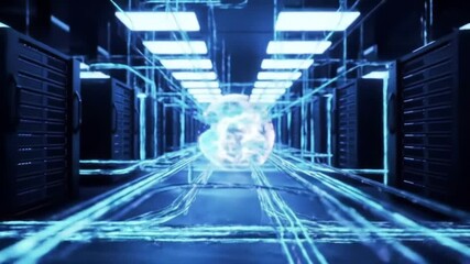 a futuristic data center server room interior with glowing blue network lines and a digital globe at the center of the hallway - Powered by Adobe