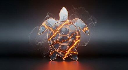Glowing turtle emblem with marble texture and orange lightning effect on a dark background creates a mystical atmosphere
