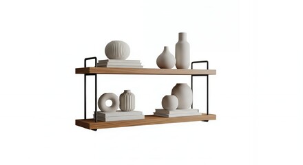 Two-Tiered Wooden Shelf with Decorative Vases and Books Modern Home Decor