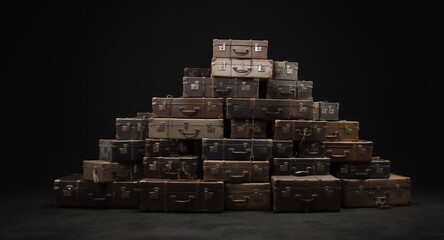 Vintage Suitcases Stacked in a Pyramid Shape, Retro Luggage Collection, Travel Theme, Dark Background