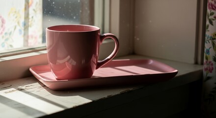 Warm Pink Mug on Tray by Window in Sunlight