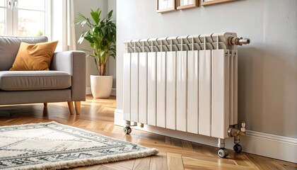 Interior shot showcasing a radiator against a wall, sofa, plant, rug, and framed art. Soft light and inviting atmosphere