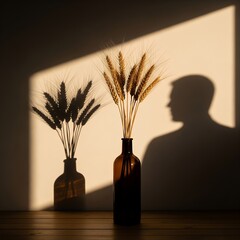 Wheat stalks in a dark glass bottle, casting shadows on a wall with a persons silhouette.