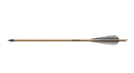 A traditional wooden archery arrow with feather fletching.