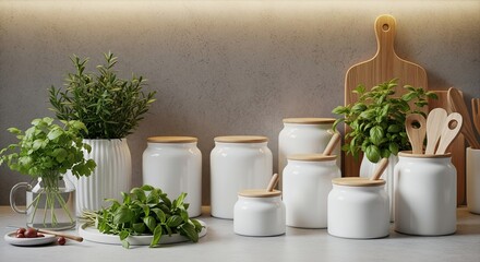 White ceramic canisters with wooden lids, fresh herbs and kitchen utensils on a countertop.