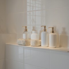 White ceramic soap dispensers with gold pumps on a shelf