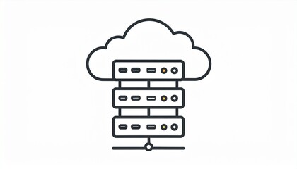Black and white line art icon of data servers connected to a cloud, representing internet storage, IT infrastructure, and digital technology
