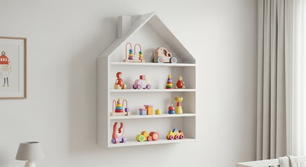 White House Shaped Shelf with Colorful Wooden Toys for Kids Nursery Room Interior Design